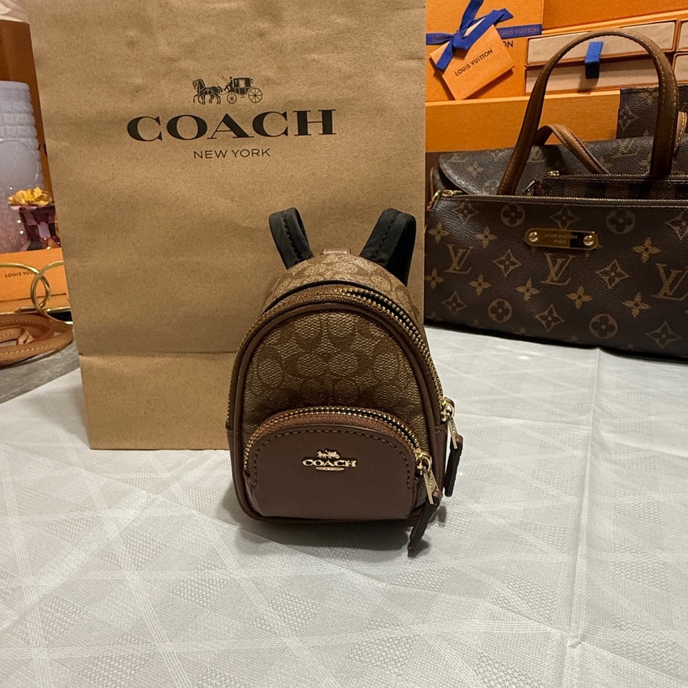 Coach Brown Signature Mini Backpack Keychain with Gold Hardware
